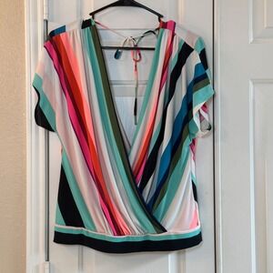Express Stripes Multi Color Criss Cross V-Neck Front Back Tie Top Women's Sz M